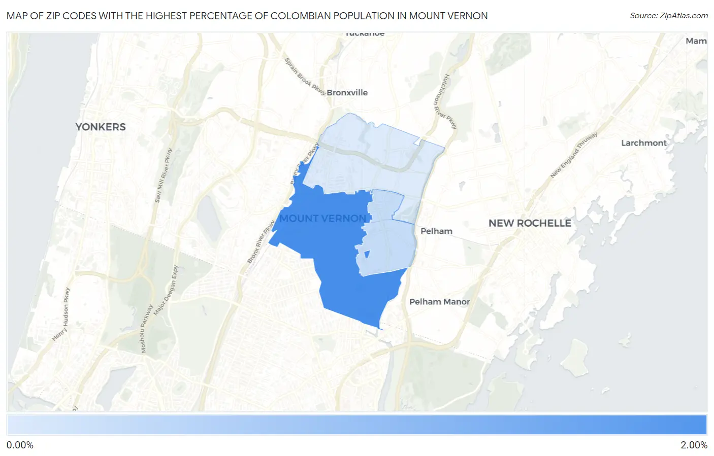 Zip Codes with the Highest Percentage of Colombian Population in Mount Vernon Map
