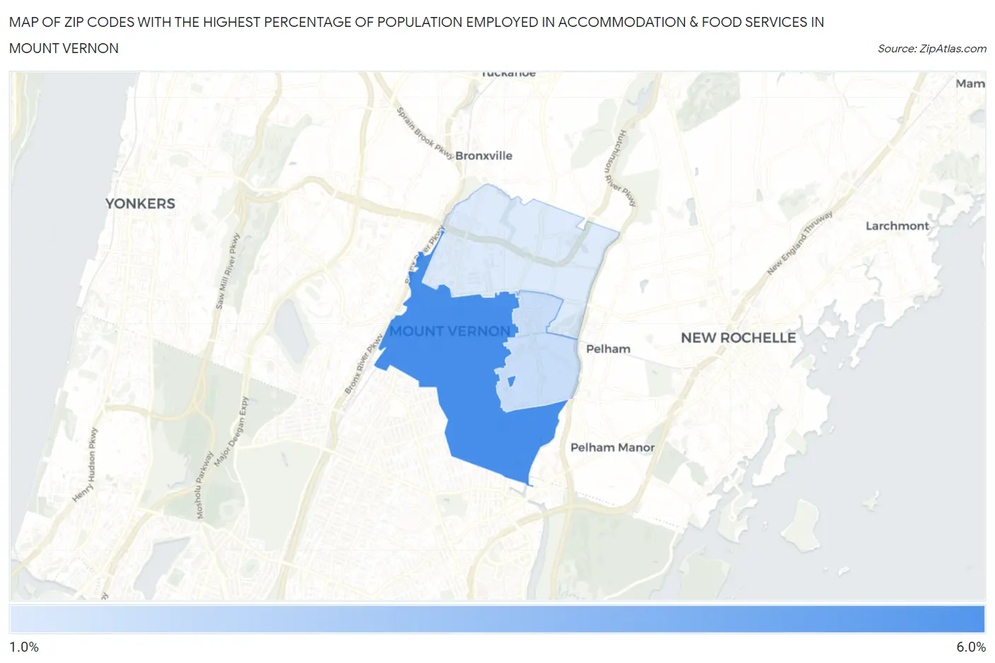 Zip Codes with the Highest Percentage of Population Employed in Accommodation & Food Services in Mount Vernon Map