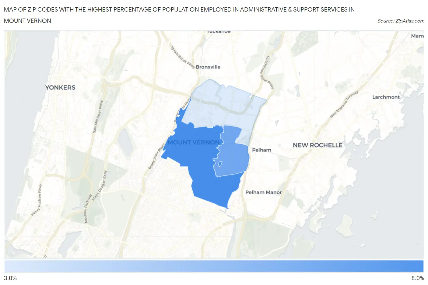 Zip Codes with the Highest Percentage of Population Employed in Administrative & Support Services in Mount Vernon Map