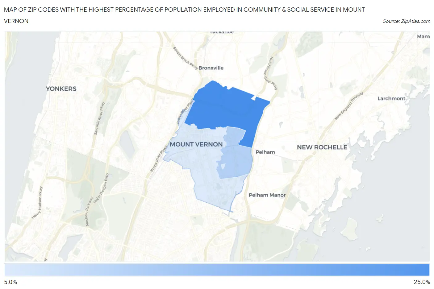 Zip Codes with the Highest Percentage of Population Employed in Community & Social Service  in Mount Vernon Map