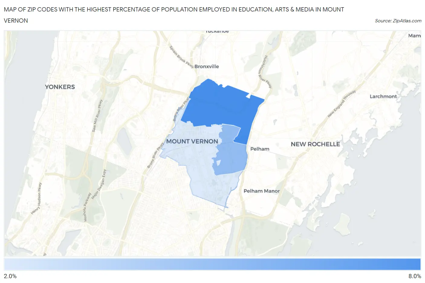 Zip Codes with the Highest Percentage of Population Employed in Education, Arts & Media in Mount Vernon Map