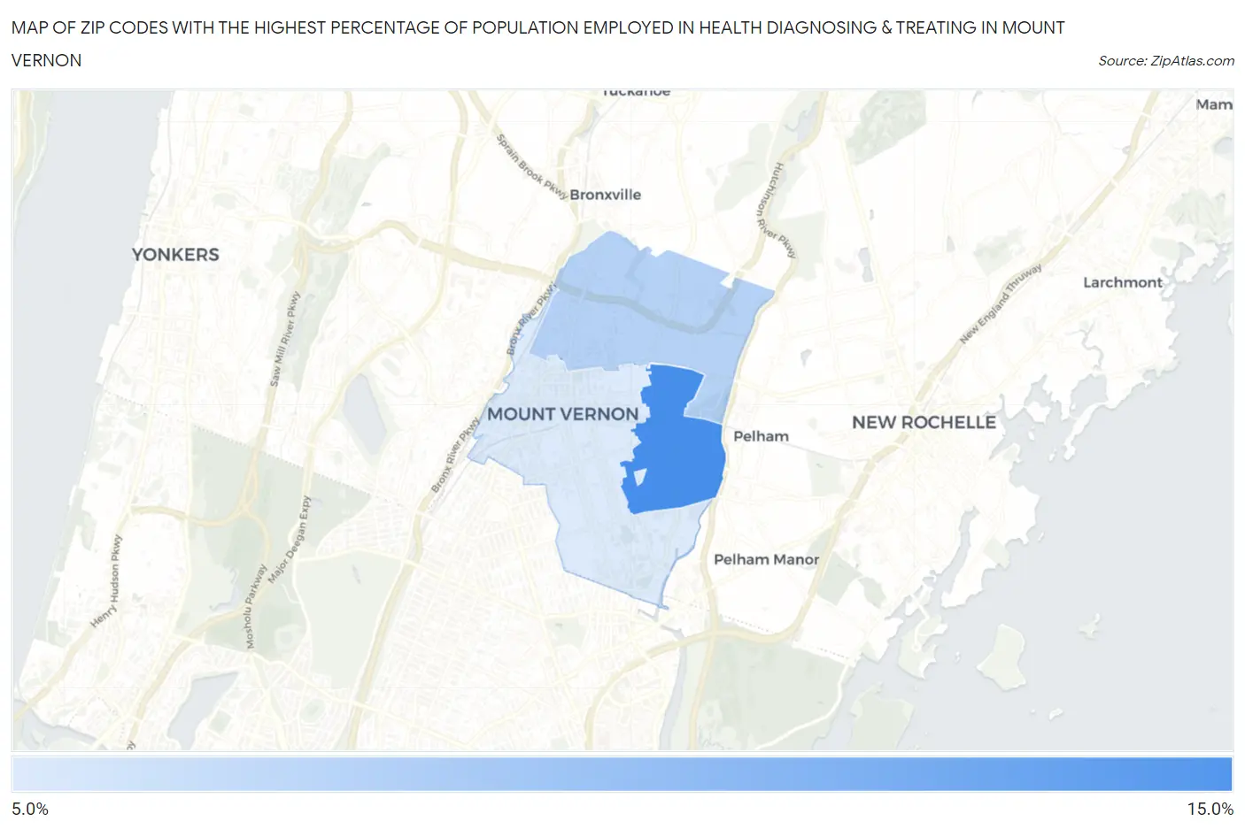 Zip Codes with the Highest Percentage of Population Employed in Health Diagnosing & Treating in Mount Vernon Map