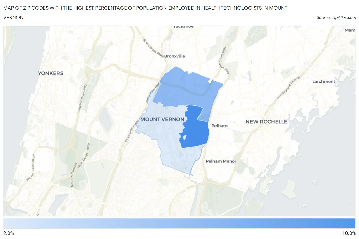 Zip Codes with the Highest Percentage of Population Employed in Health Technologists in Mount Vernon Map