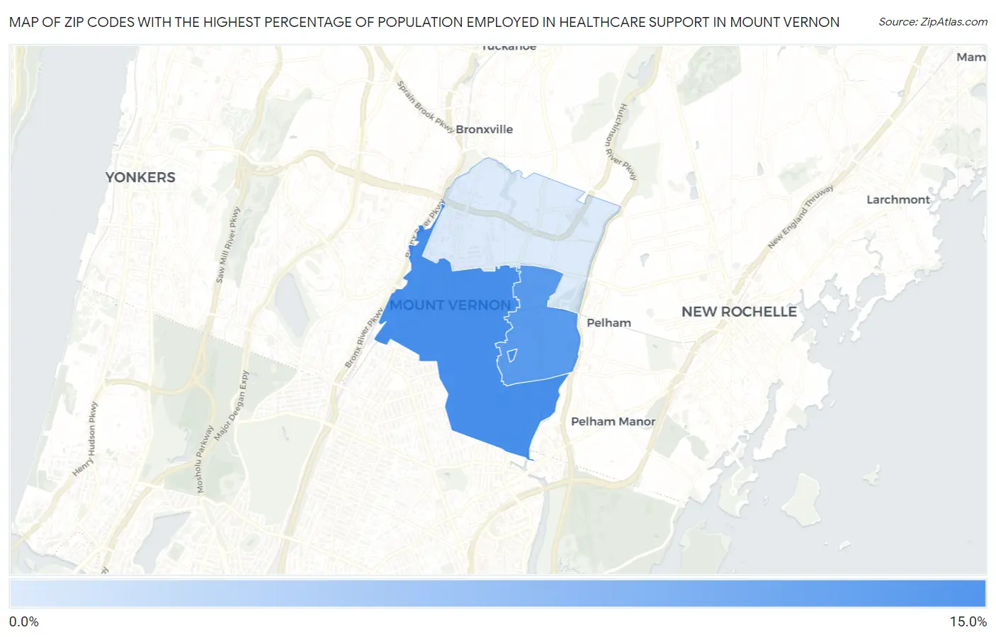 Zip Codes with the Highest Percentage of Population Employed in Healthcare Support in Mount Vernon Map