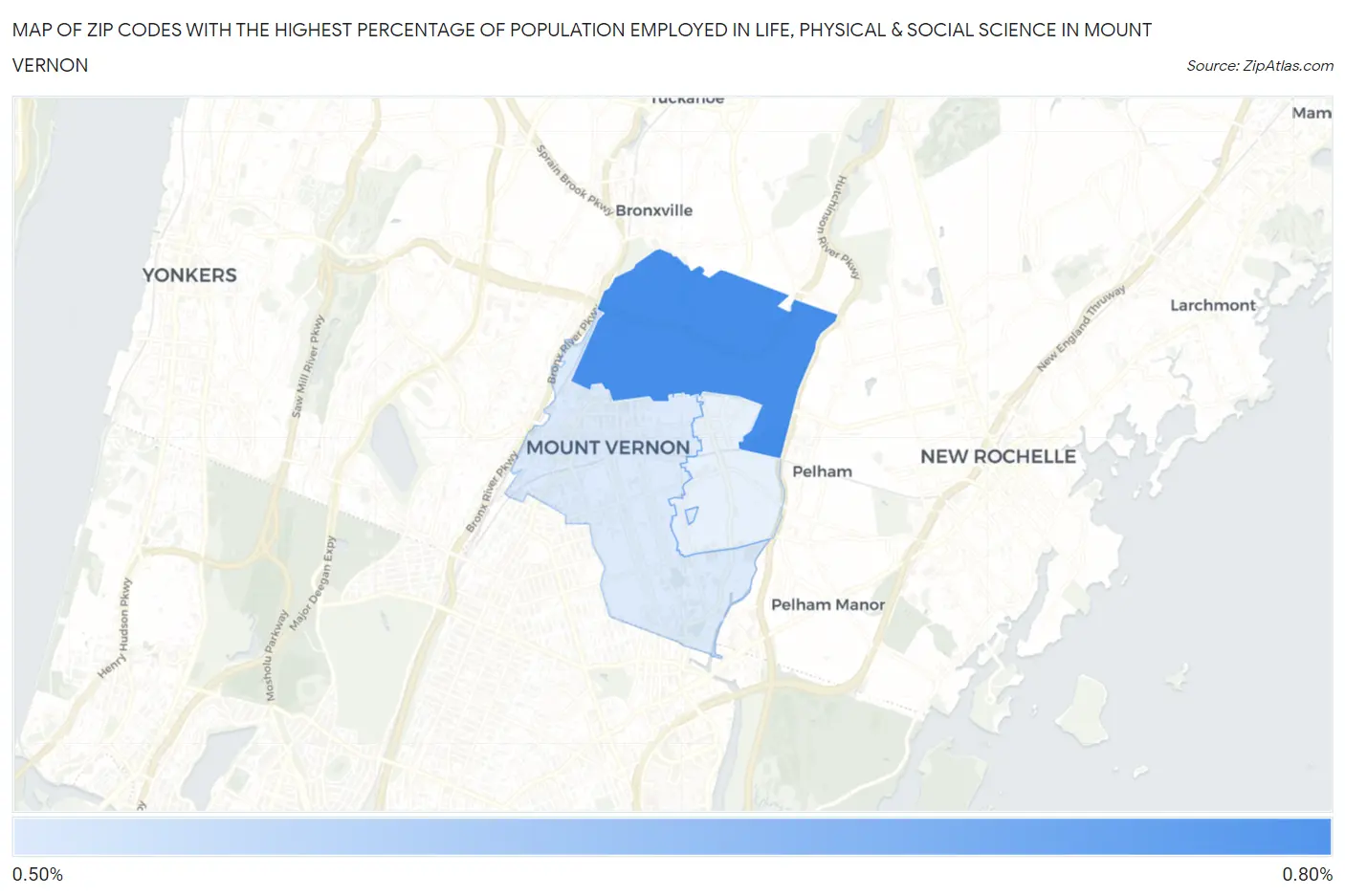 Zip Codes with the Highest Percentage of Population Employed in Life, Physical & Social Science in Mount Vernon Map