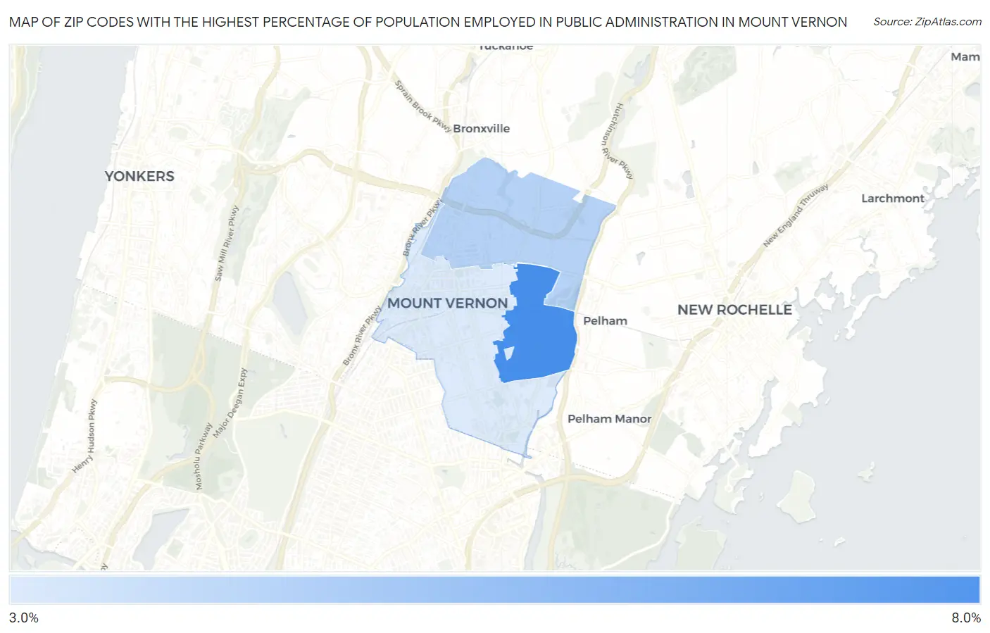Zip Codes with the Highest Percentage of Population Employed in Public Administration in Mount Vernon Map