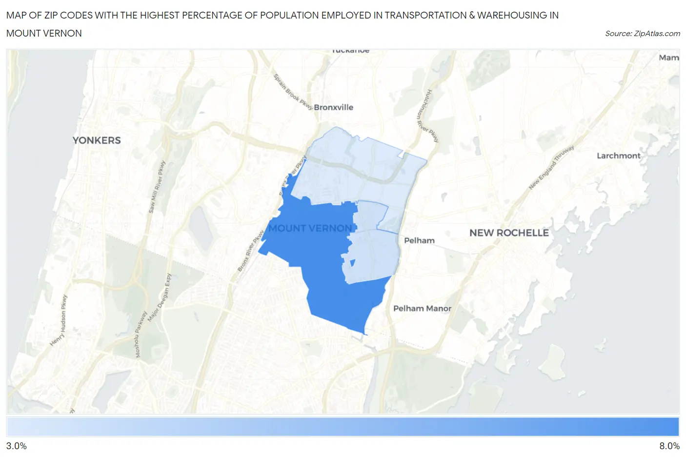 Zip Codes with the Highest Percentage of Population Employed in Transportation & Warehousing in Mount Vernon Map