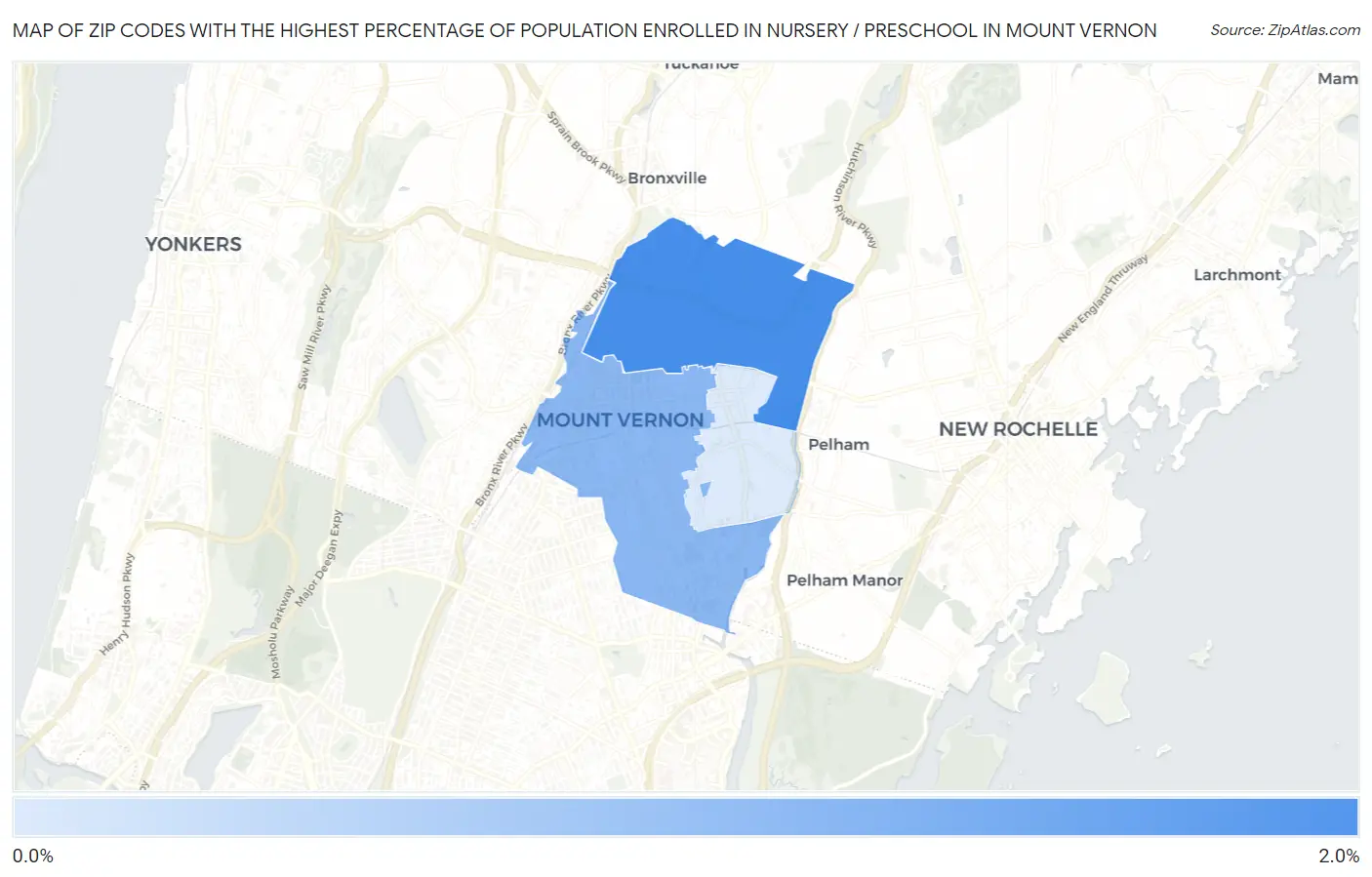 Zip Codes with the Highest Percentage of Population Enrolled in Nursery / Preschool in Mount Vernon Map