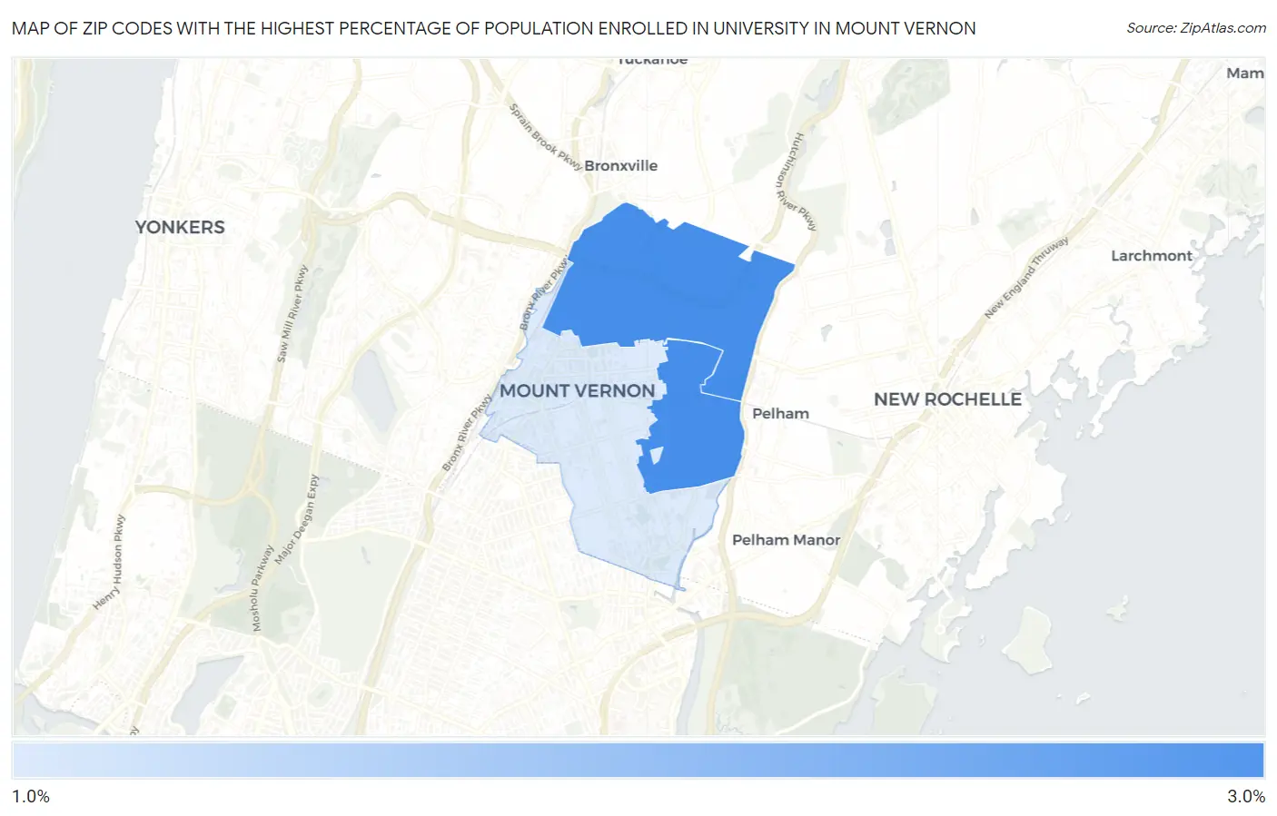 Zip Codes with the Highest Percentage of Population Enrolled in University in Mount Vernon Map