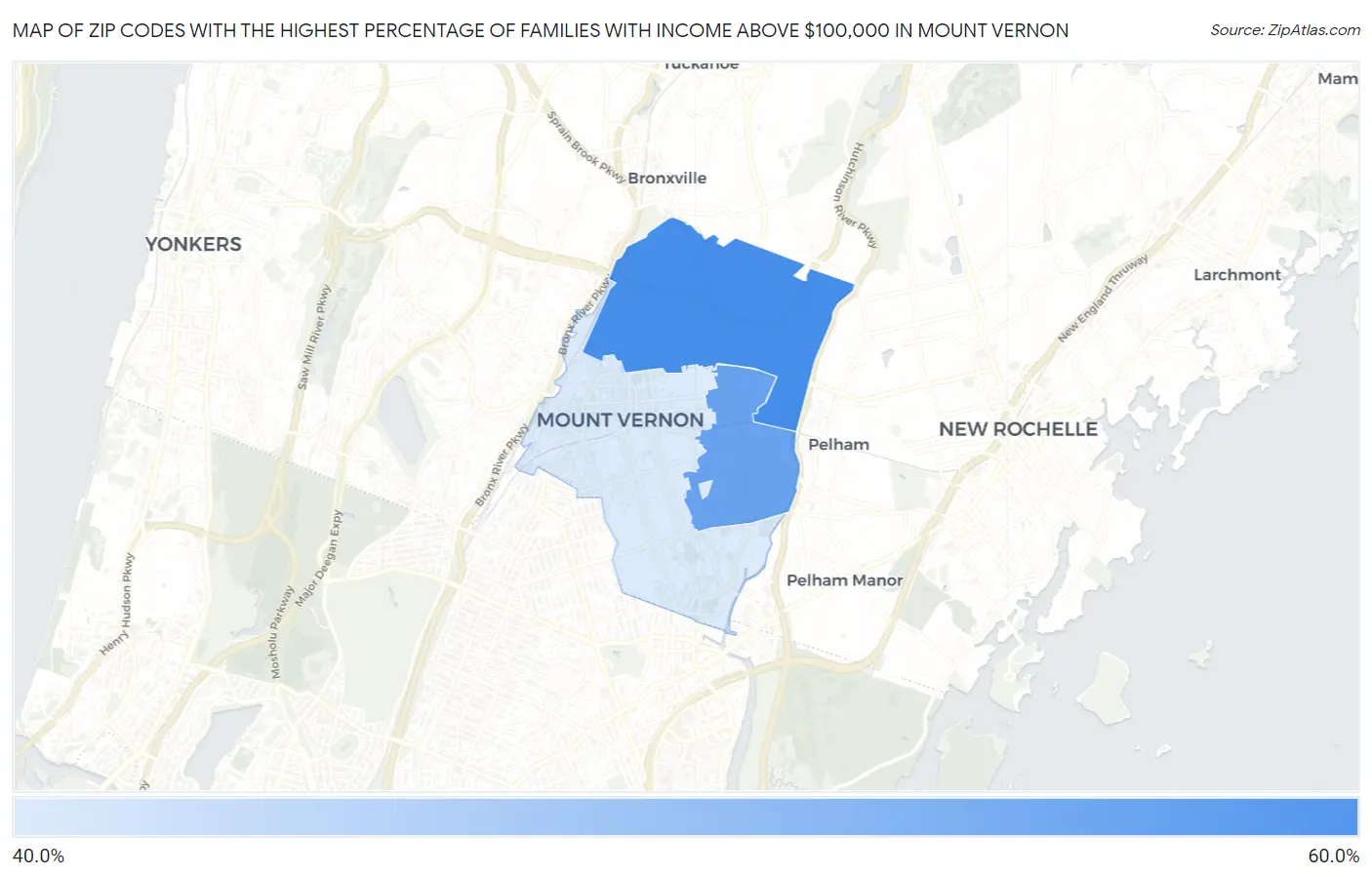 Zip Codes with the Highest Percentage of Families with Income Above $100,000 in Mount Vernon Map