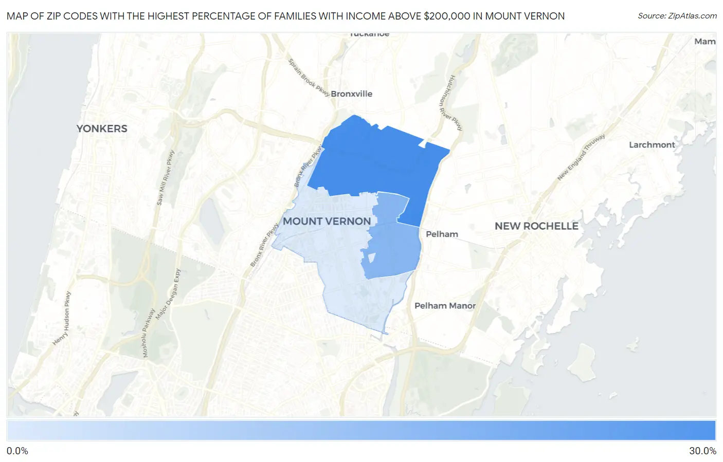 Zip Codes with the Highest Percentage of Families with Income Above $200,000 in Mount Vernon Map