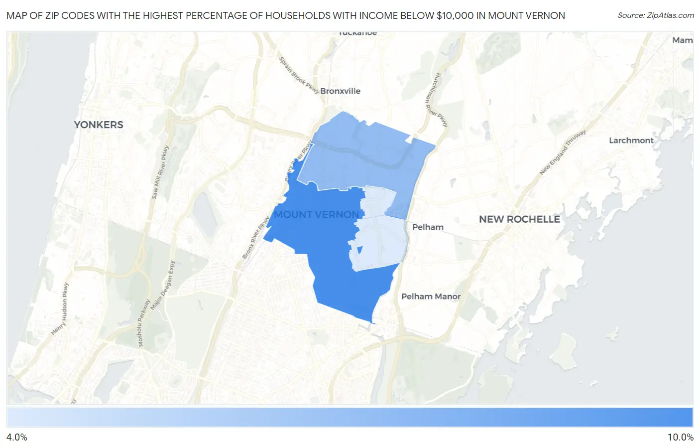 Zip Codes with the Highest Percentage of Households with Income Below $10,000 in Mount Vernon Map