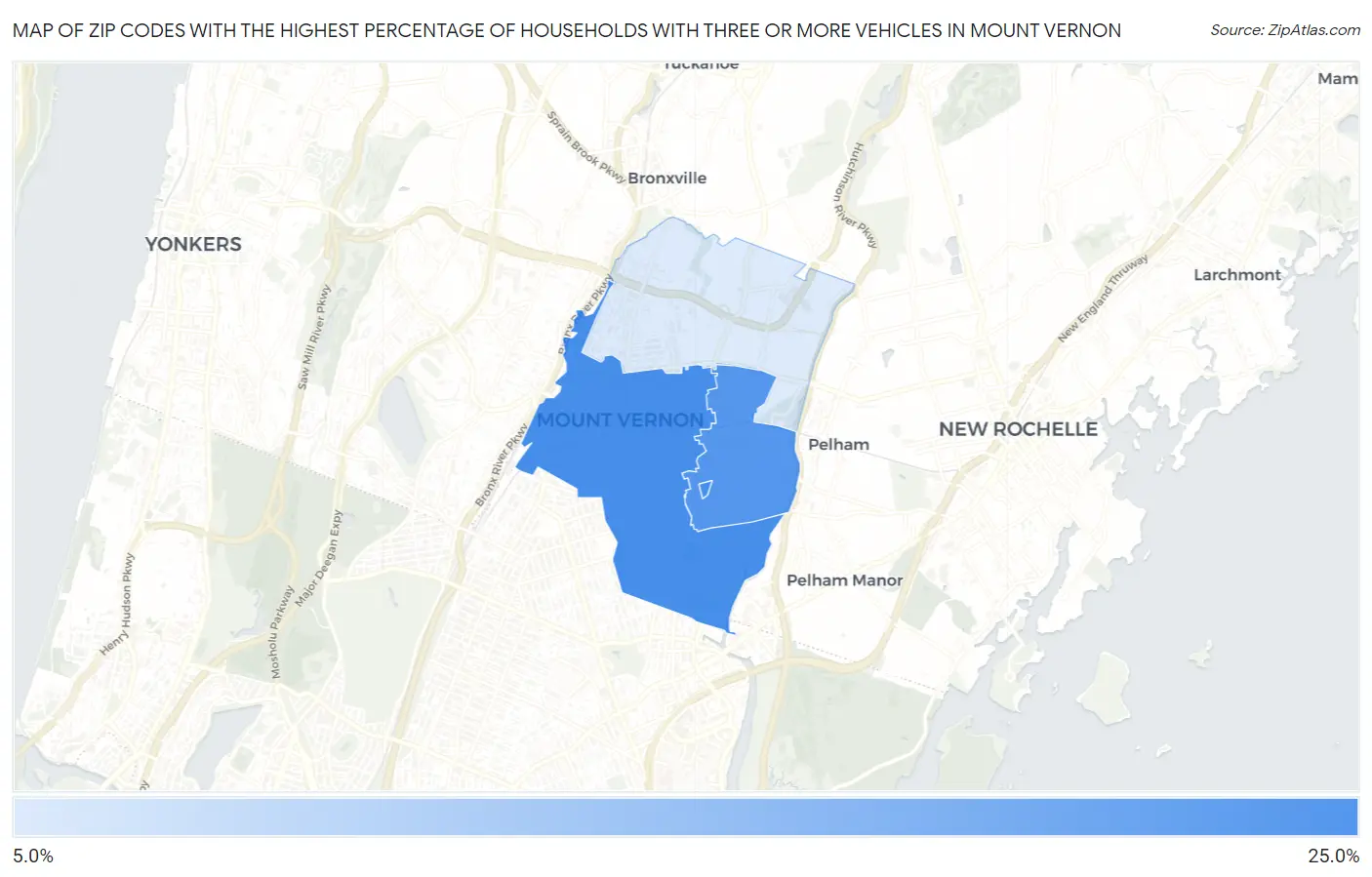 Zip Codes with the Highest Percentage of Households With Three or more Vehicles in Mount Vernon Map