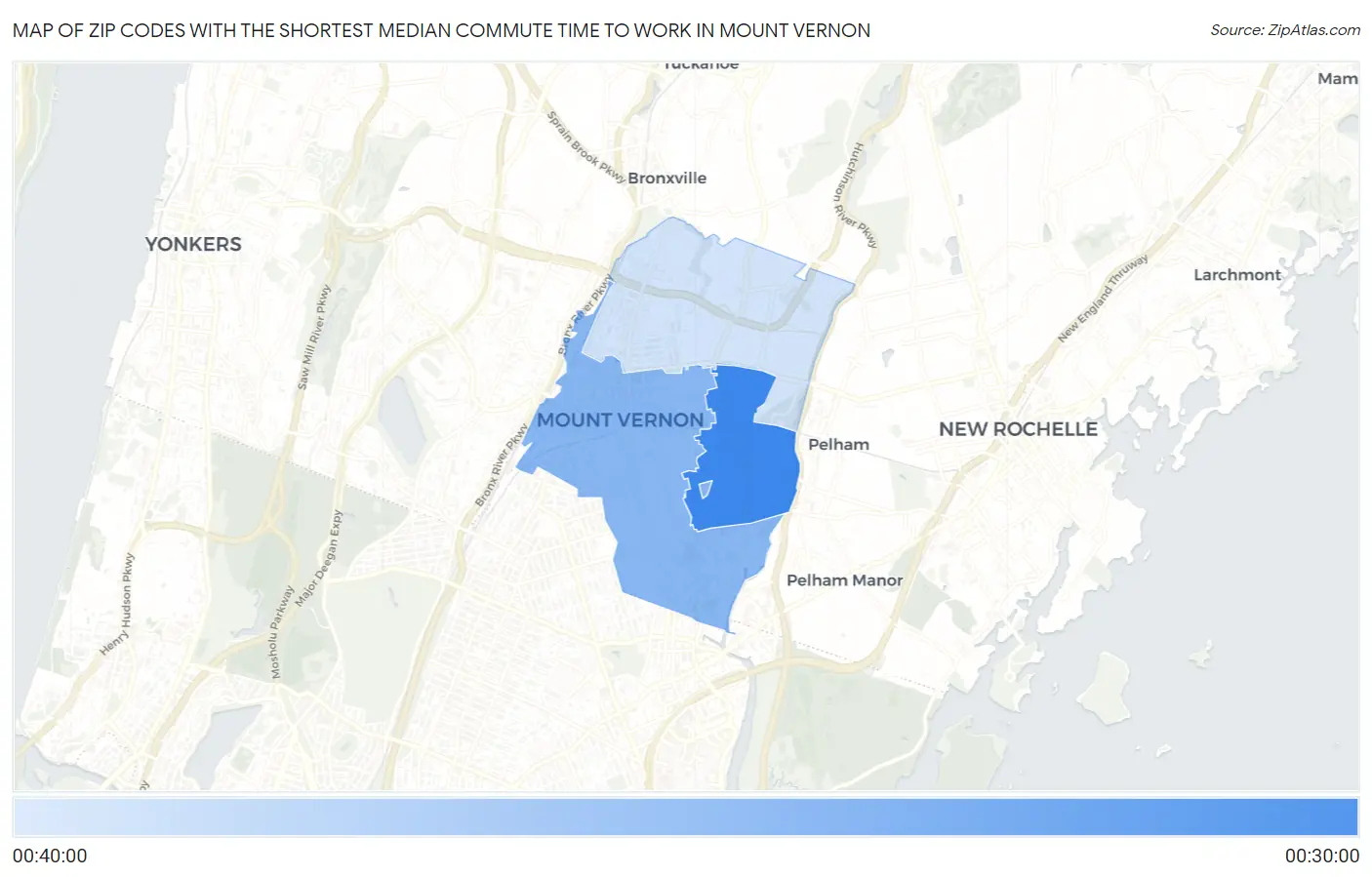 Zip Codes with the Shortest Median Commute Time to Work in Mount Vernon Map