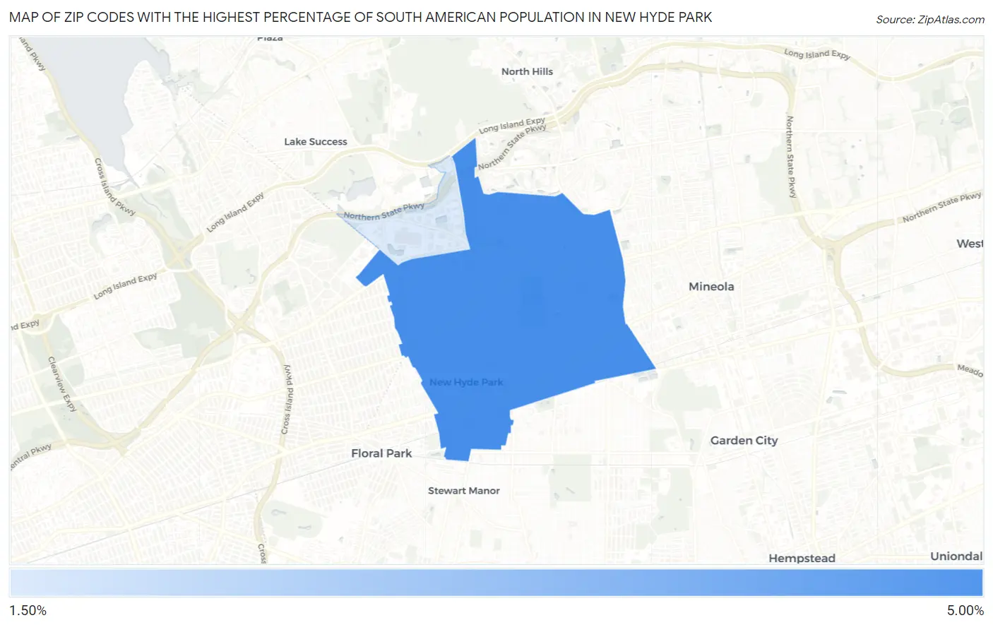 Zip Codes with the Highest Percentage of South American Population in New Hyde Park Map