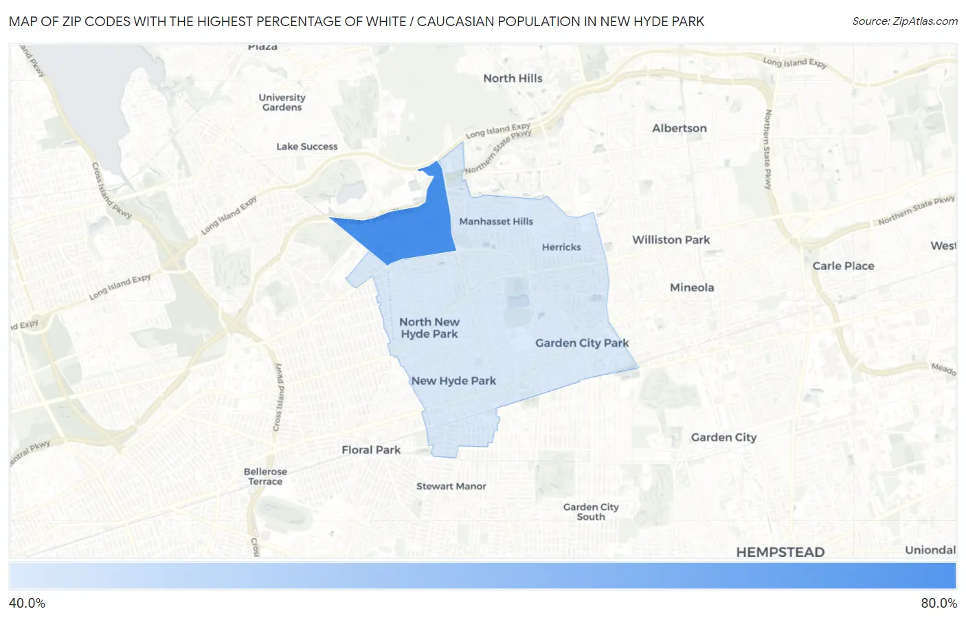 Zip Codes with the Highest Percentage of White / Caucasian Population in New Hyde Park Map