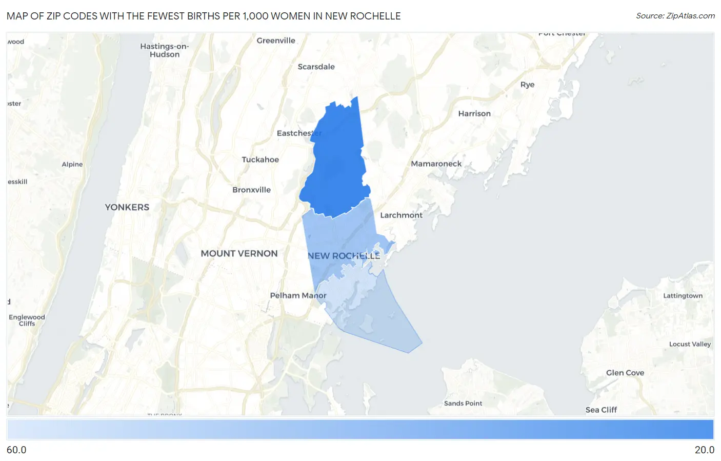 Zip Codes with the Fewest Births per 1,000 Women in New Rochelle Map