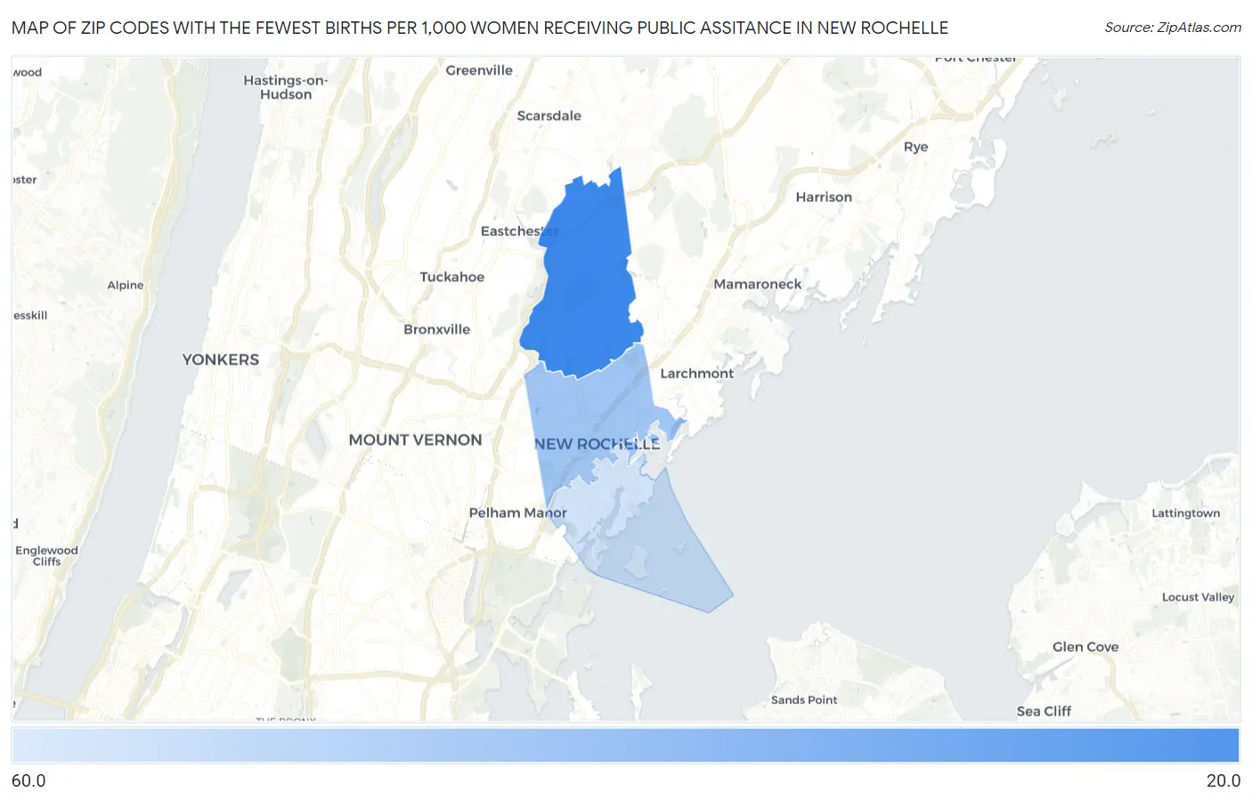 Zip Codes with the Fewest Births per 1,000 Women Receiving Public Assitance in New Rochelle Map