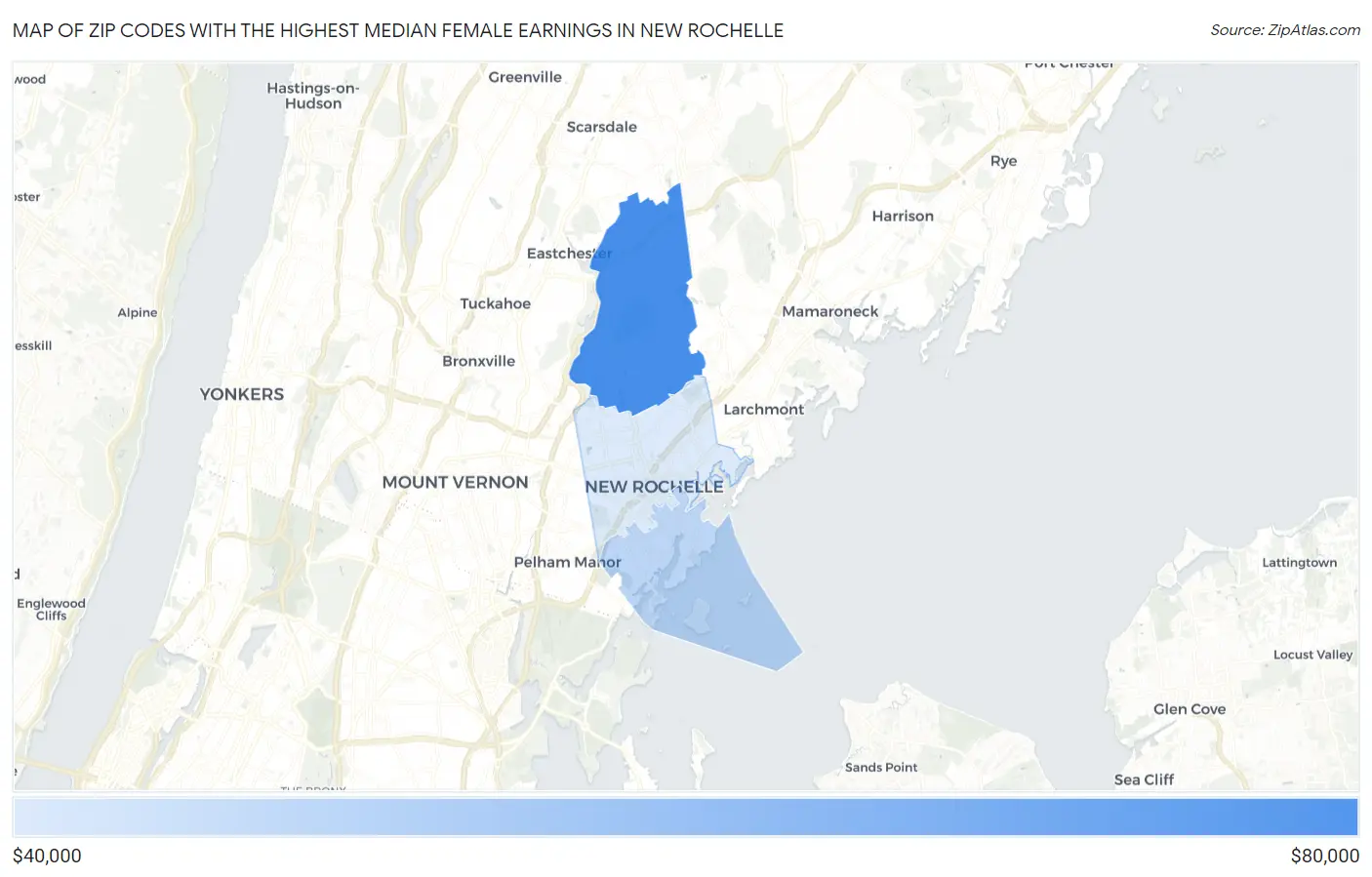 Zip Codes with the Highest Median Female Earnings in New Rochelle Map