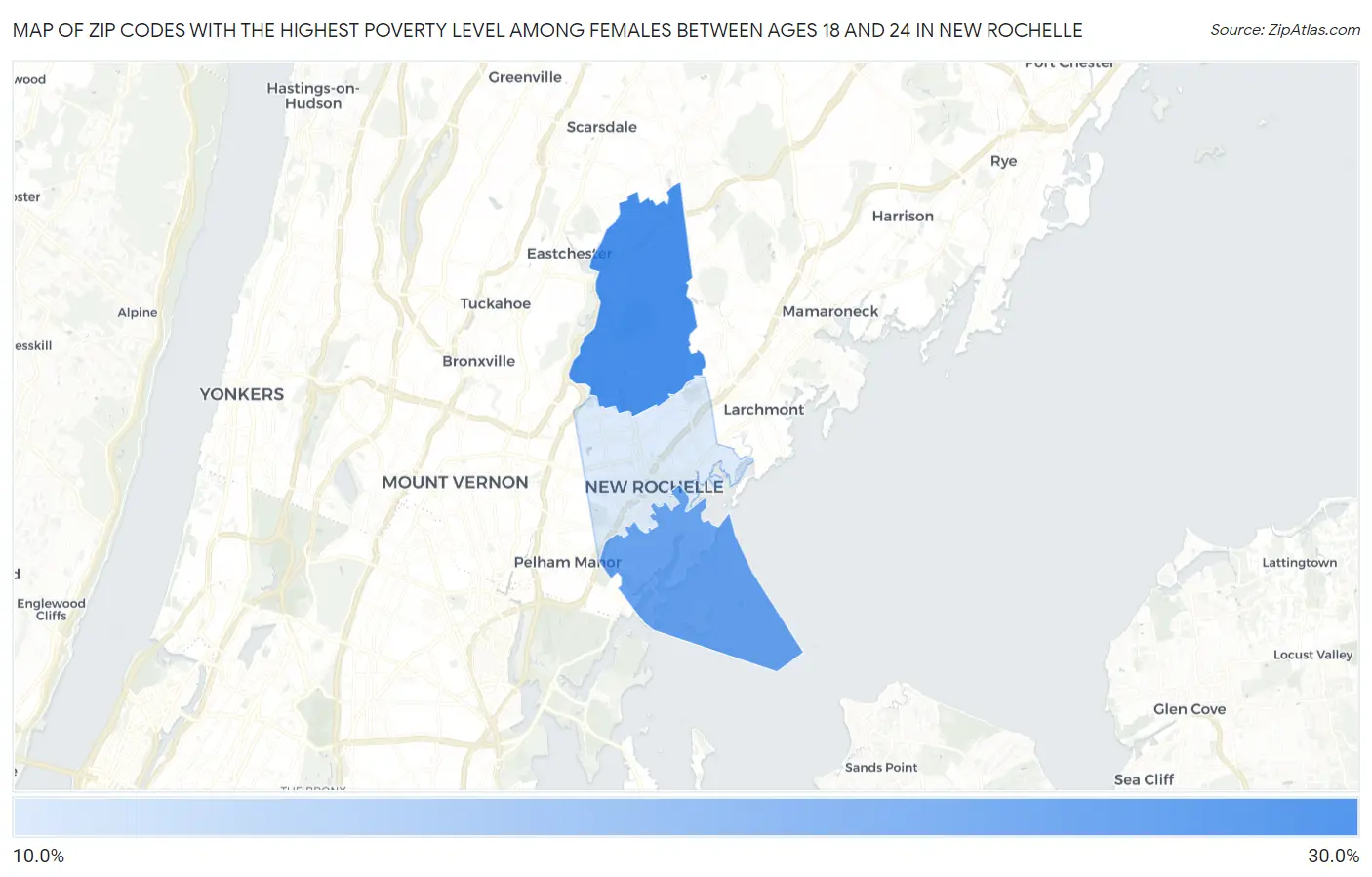 Zip Codes with the Highest Poverty Level Among Females Between Ages 18 and 24 in New Rochelle Map