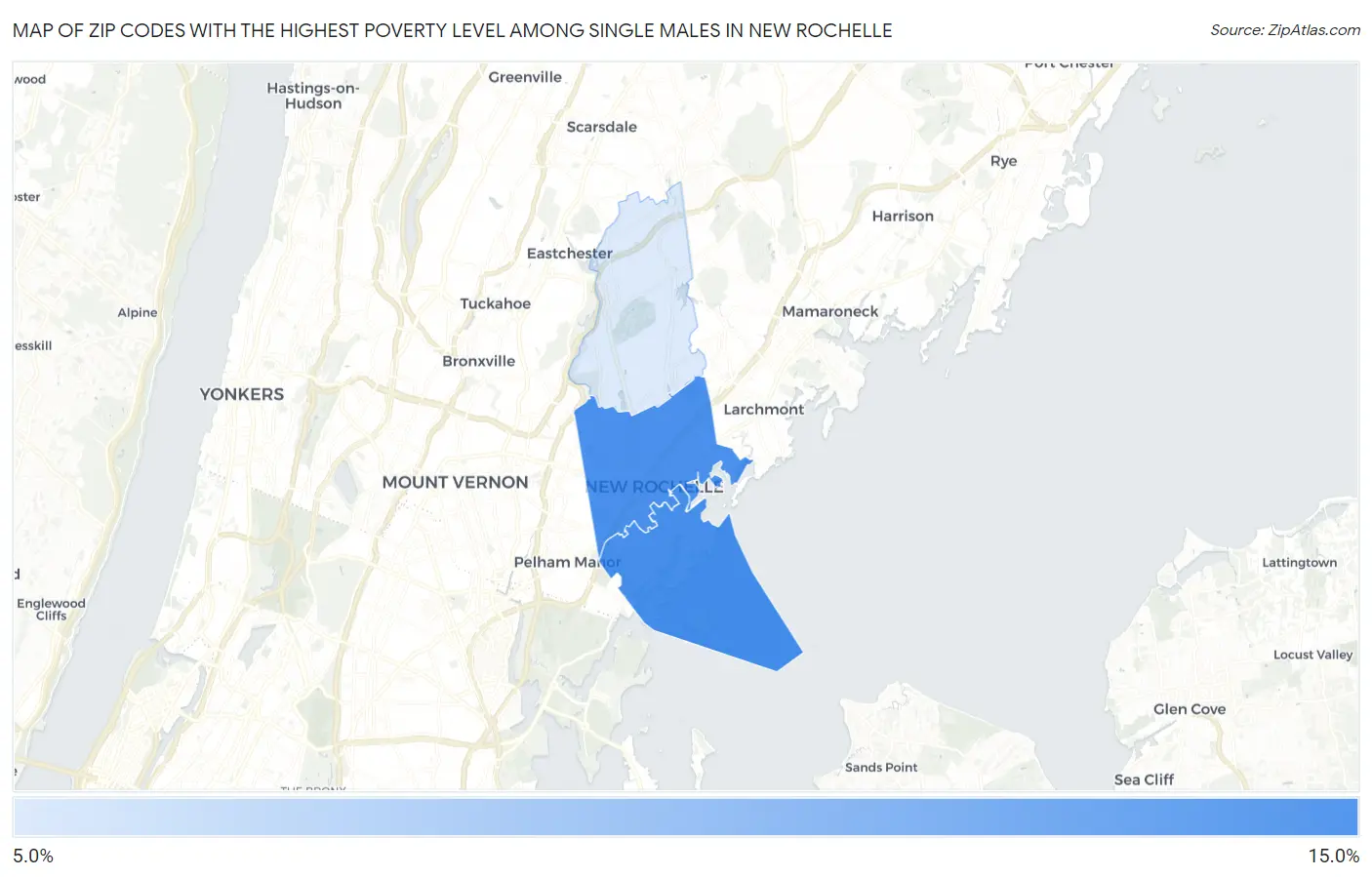 Zip Codes with the Highest Poverty Level Among Single Males in New Rochelle Map
