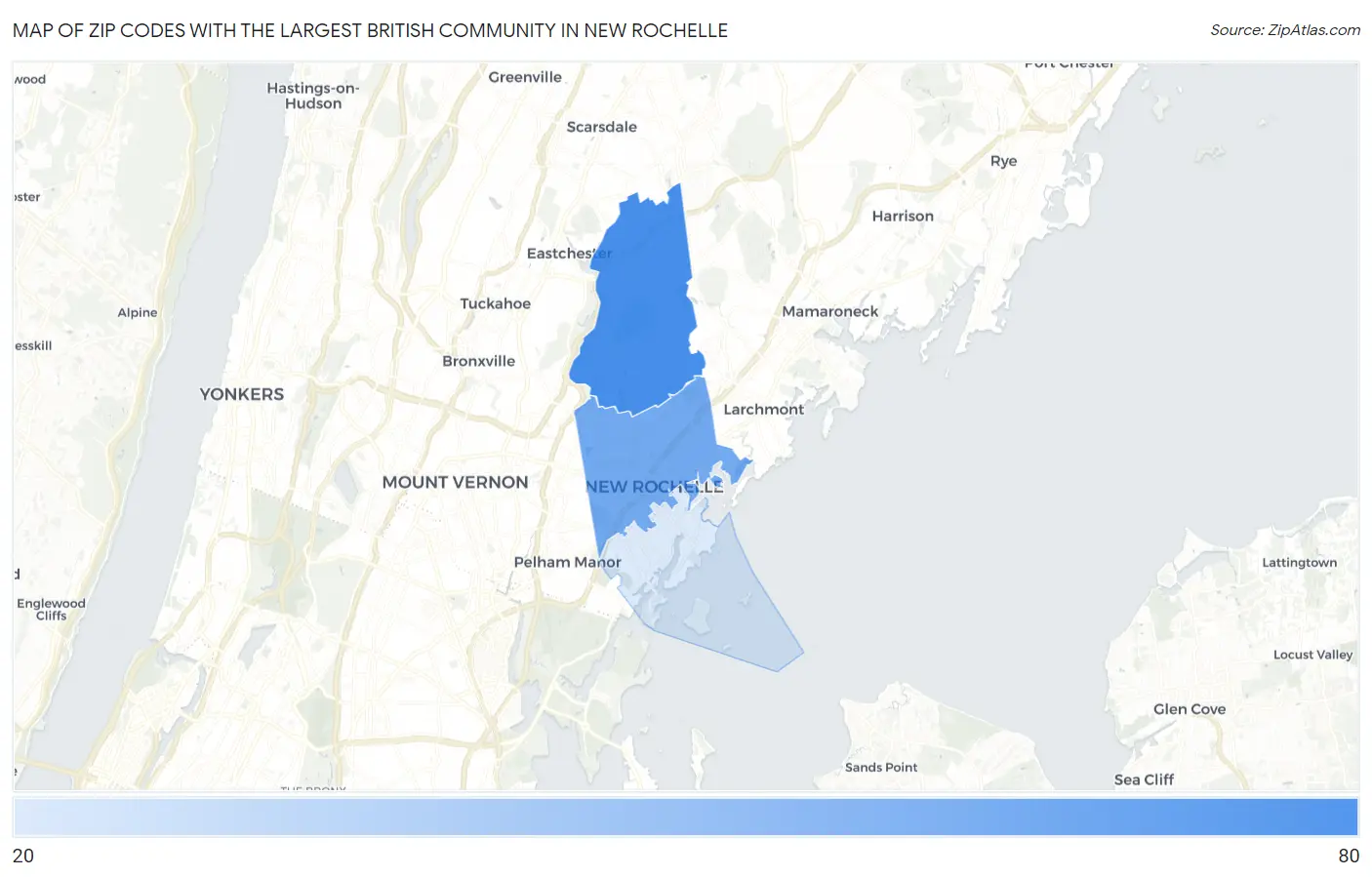 Zip Codes with the Largest British Community in New Rochelle Map