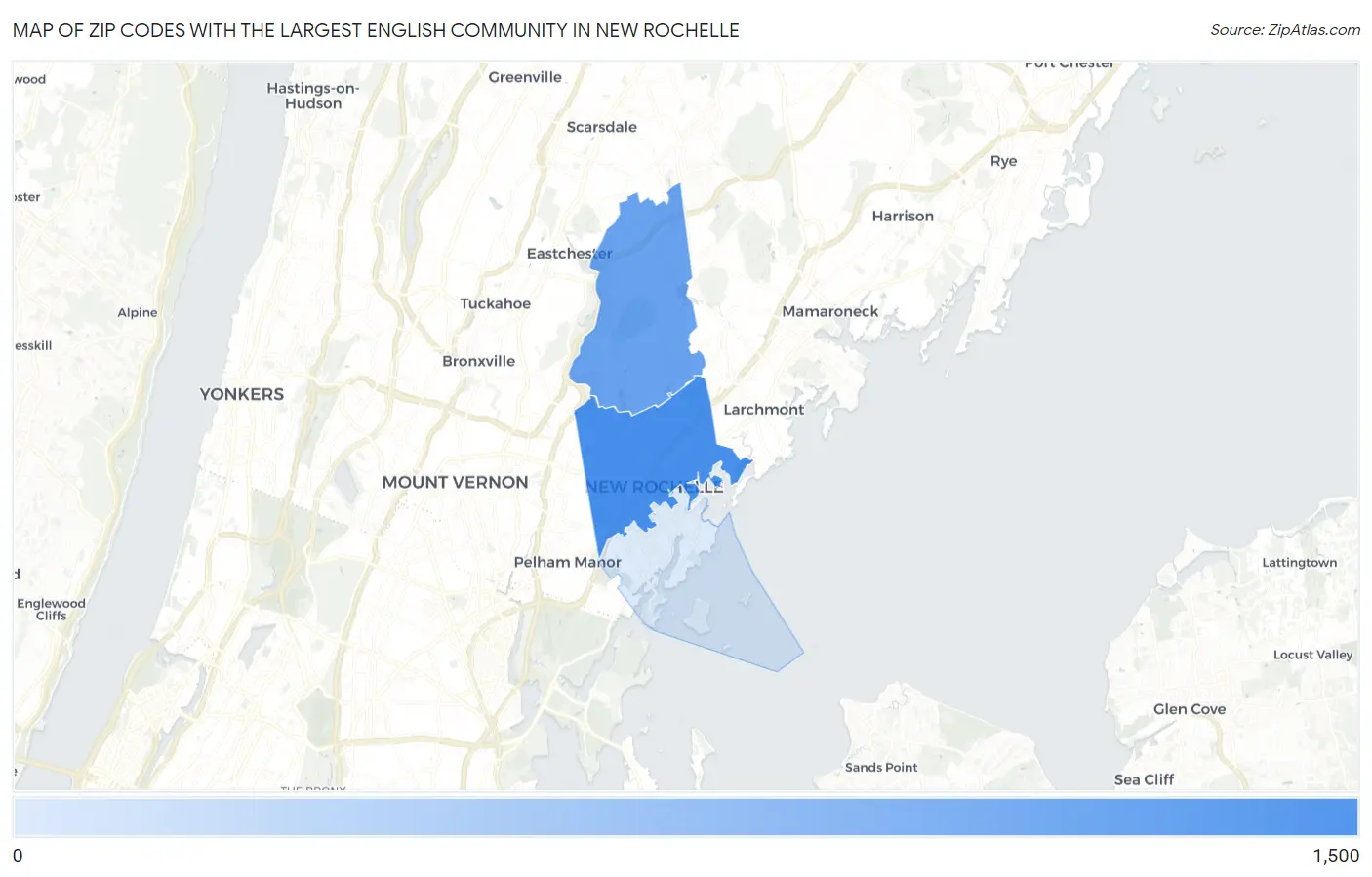 Zip Codes with the Largest English Community in New Rochelle Map