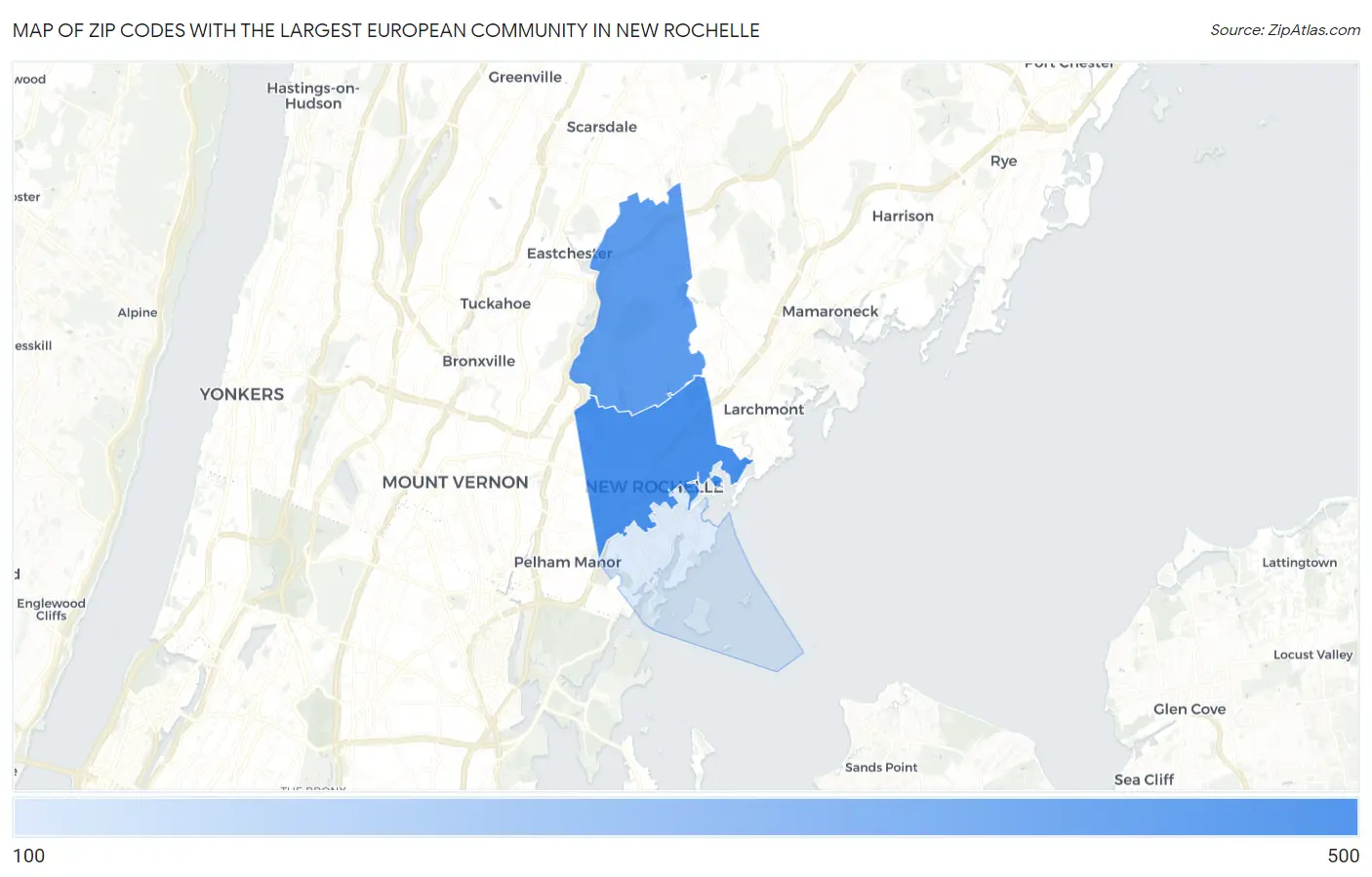 Zip Codes with the Largest European Community in New Rochelle Map