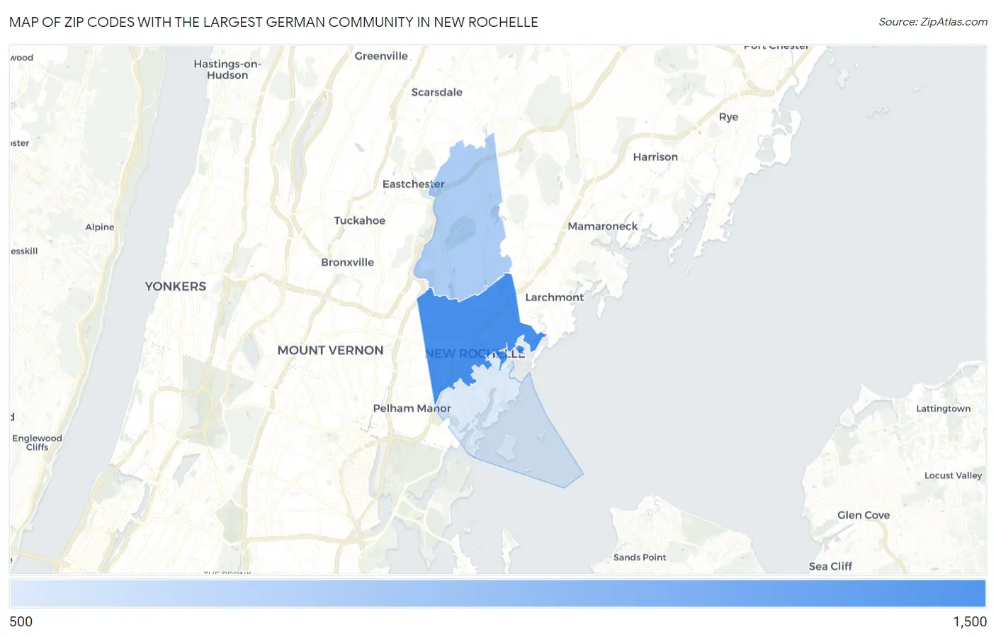 Zip Codes with the Largest German Community in New Rochelle Map