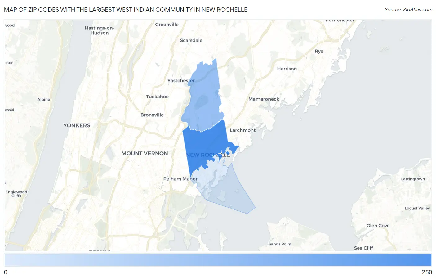 Zip Codes with the Largest West Indian Community in New Rochelle Map