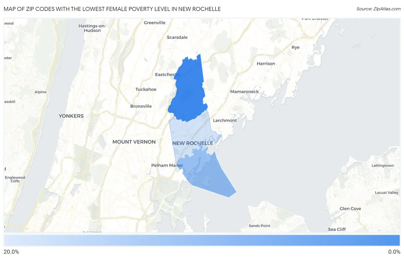Zip Codes with the Lowest Female Poverty Level in New Rochelle Map