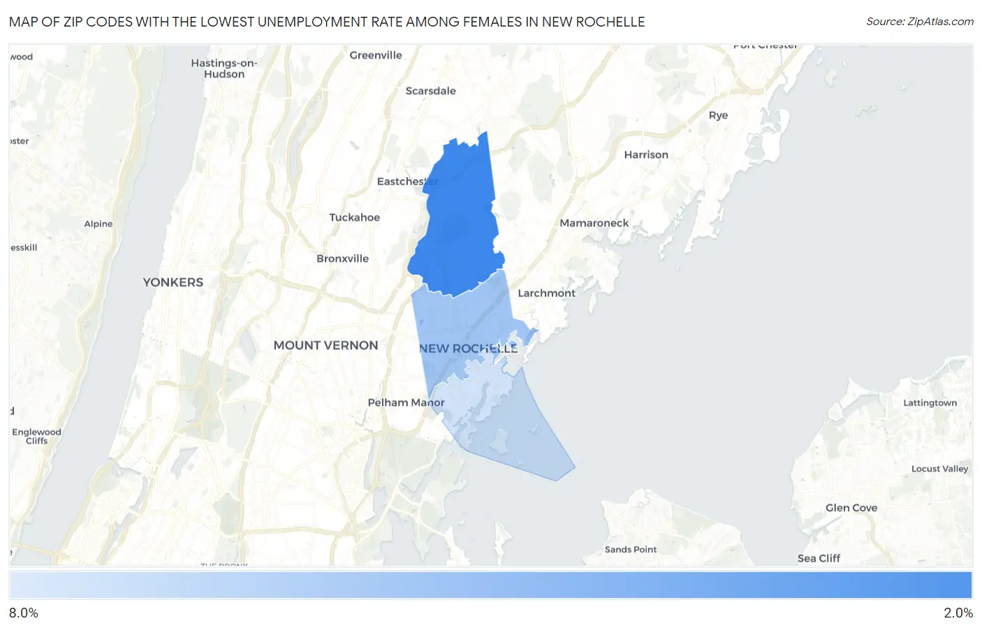Zip Codes with the Lowest Unemployment Rate Among Females in New Rochelle Map