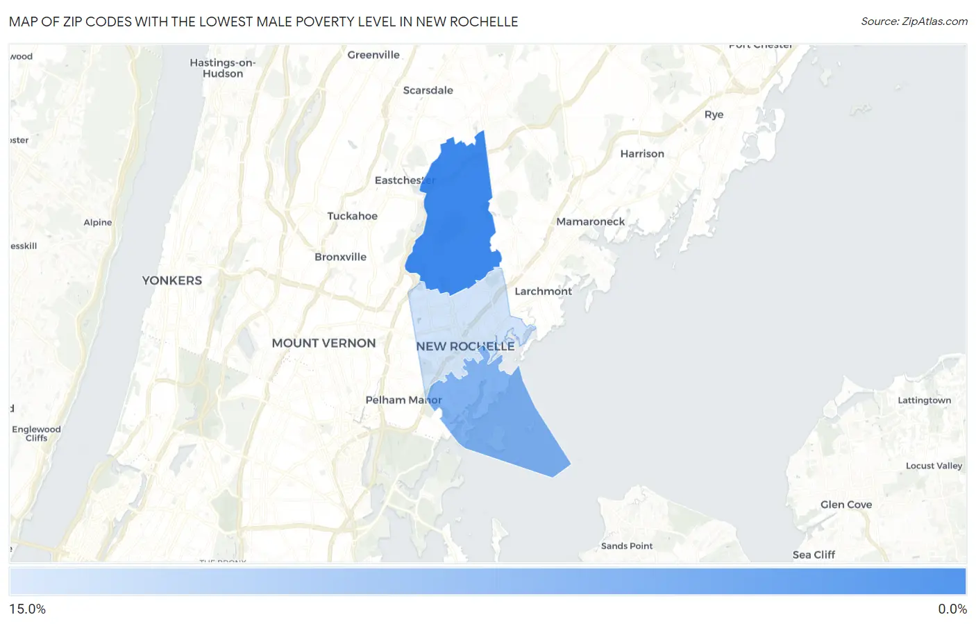 Zip Codes with the Lowest Male Poverty Level in New Rochelle Map