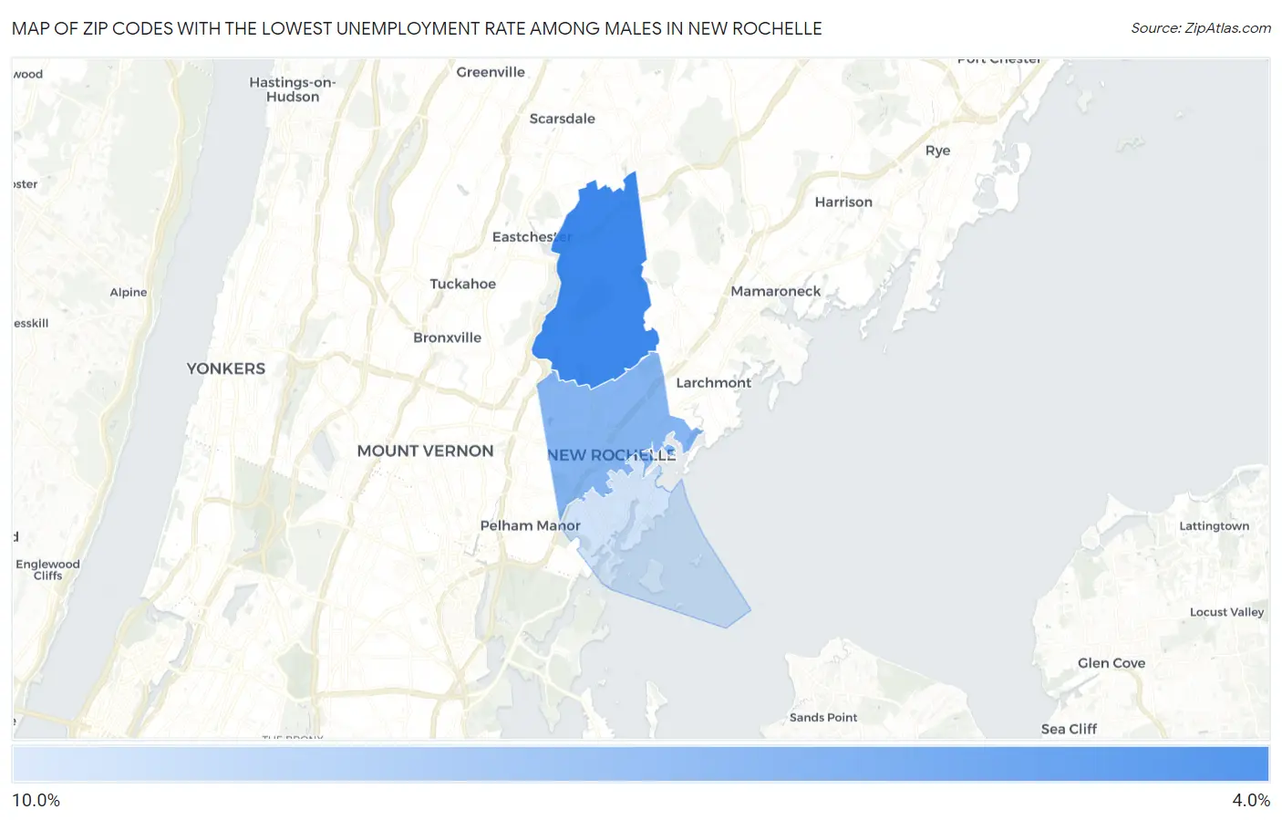 Zip Codes with the Lowest Unemployment Rate Among Males in New Rochelle Map