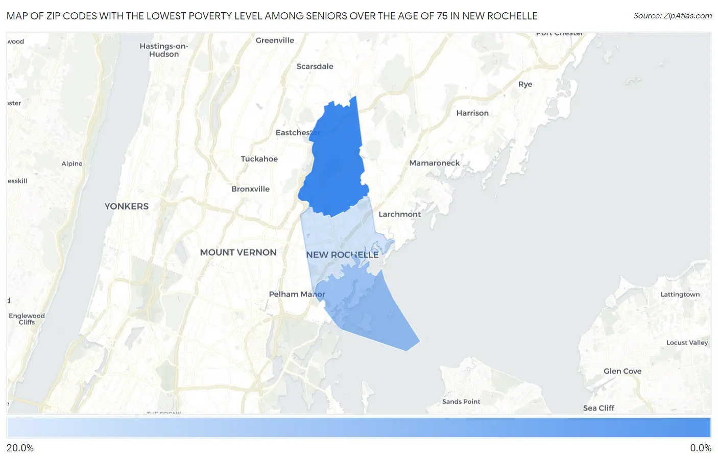 Zip Codes with the Lowest Poverty Level Among Seniors Over the Age of 75 in New Rochelle Map