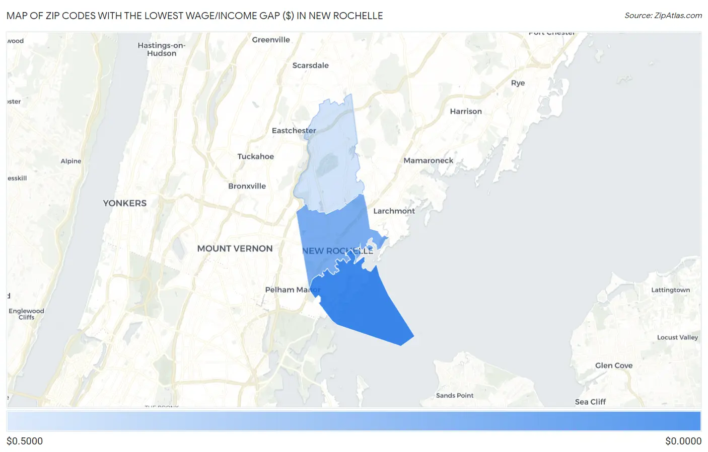 Zip Codes with the Lowest Wage/Income Gap ($) in New Rochelle Map