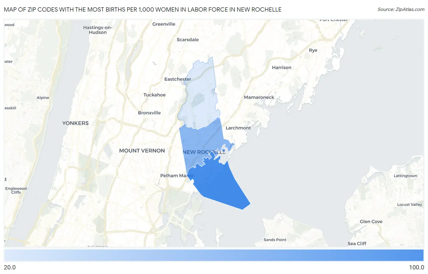 Zip Codes with the Most Births per 1,000 Women in Labor Force in New Rochelle Map