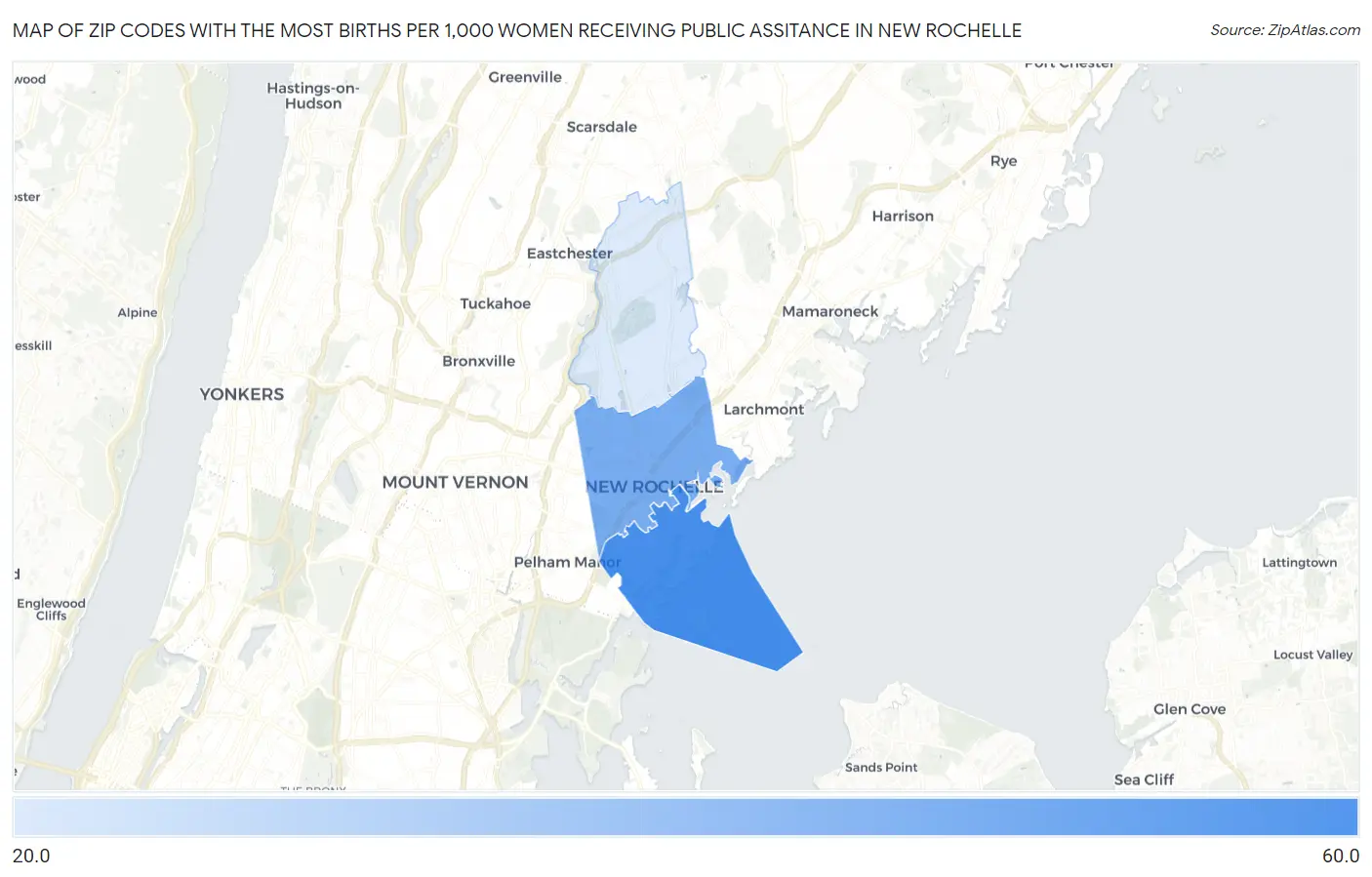 Zip Codes with the Most Births per 1,000 Women Receiving Public Assitance in New Rochelle Map