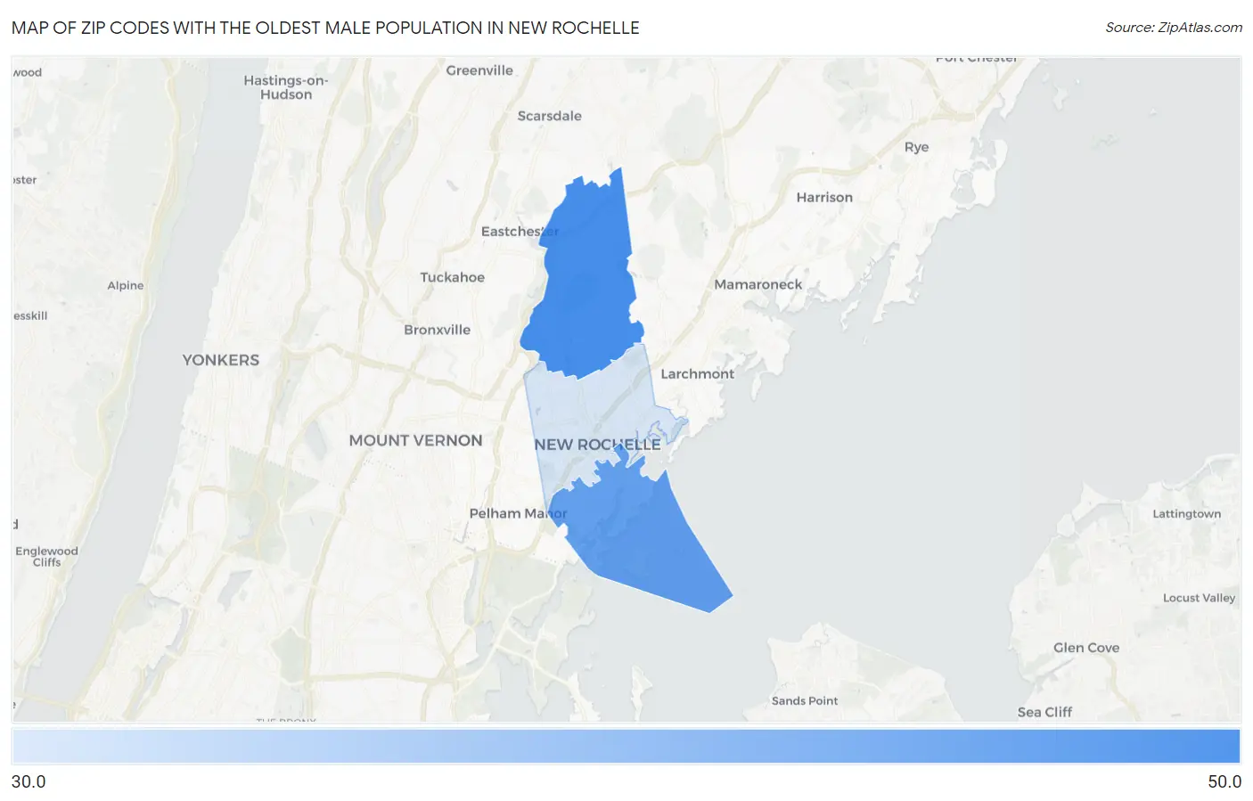 Zip Codes with the Oldest Male Population in New Rochelle Map