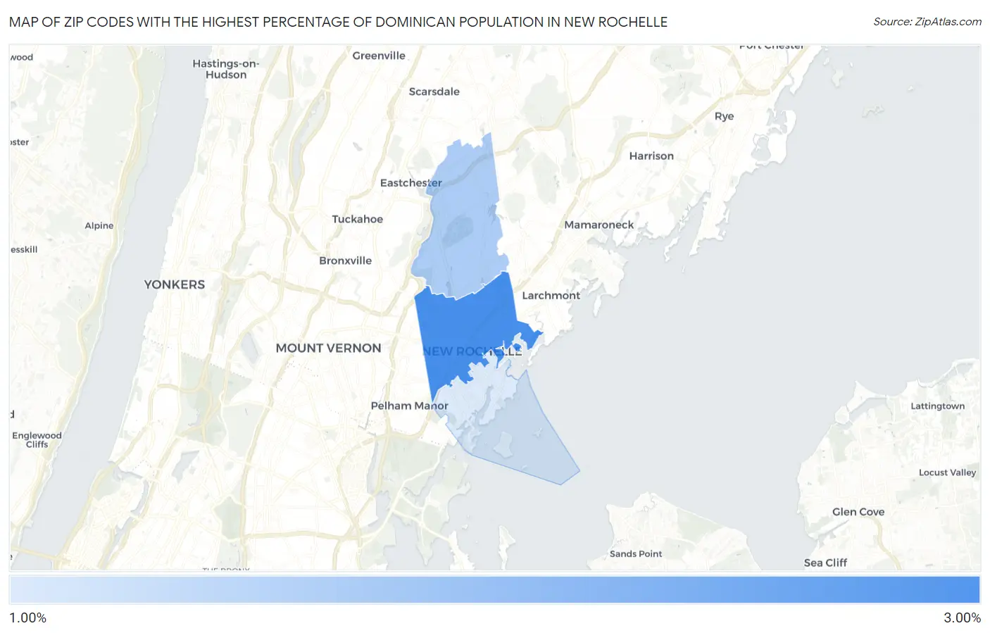 Zip Codes with the Highest Percentage of Dominican Population in New Rochelle Map
