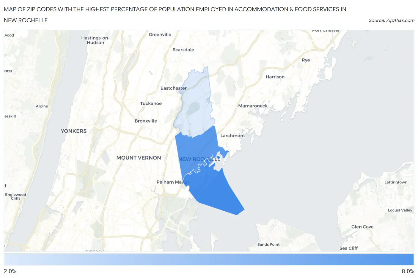 Zip Codes with the Highest Percentage of Population Employed in Accommodation & Food Services in New Rochelle Map