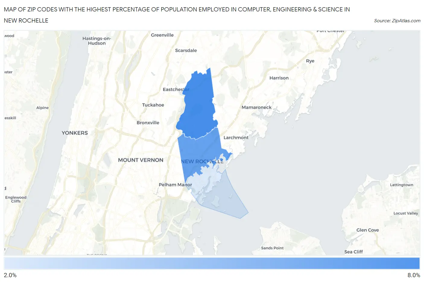 Zip Codes with the Highest Percentage of Population Employed in Computer, Engineering & Science in New Rochelle Map