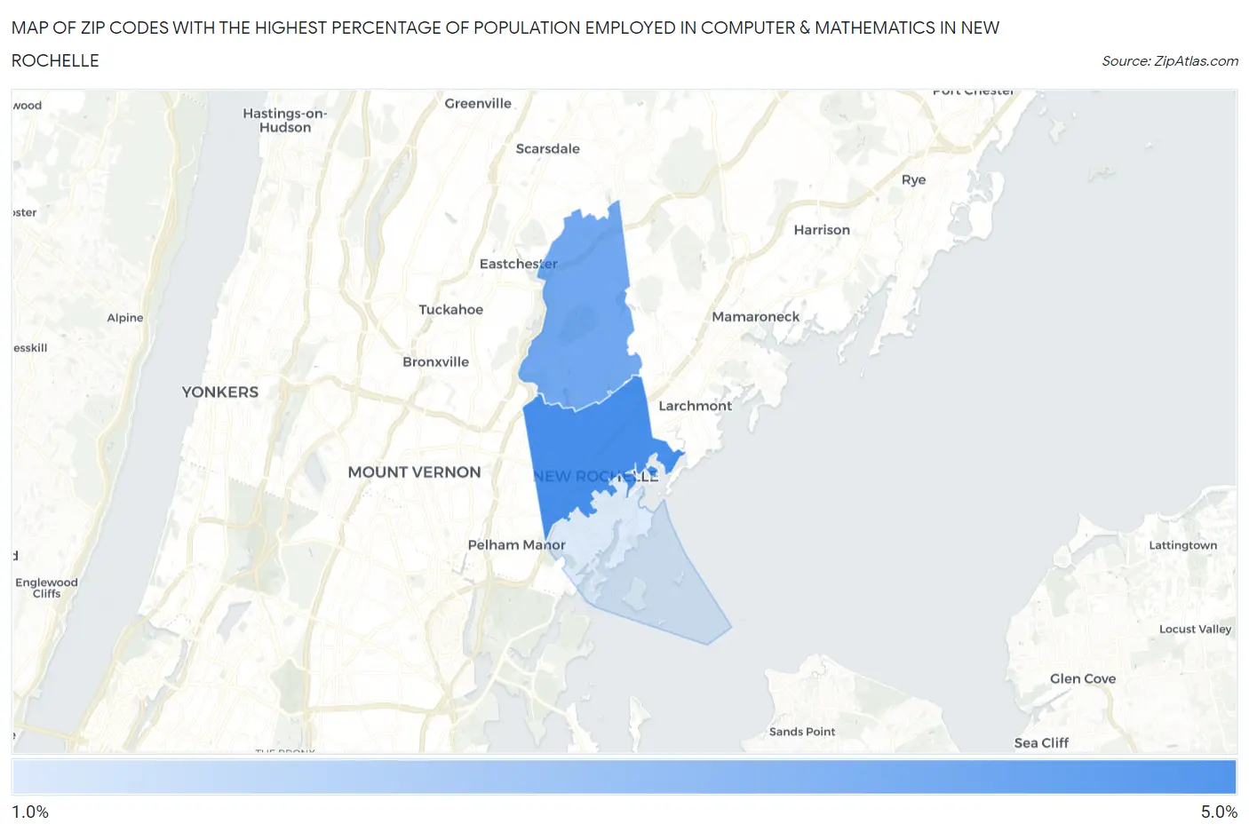 Zip Codes with the Highest Percentage of Population Employed in Computer & Mathematics in New Rochelle Map
