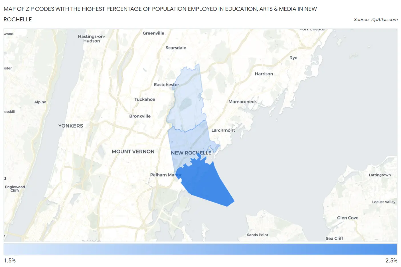 Zip Codes with the Highest Percentage of Population Employed in Education, Arts & Media in New Rochelle Map