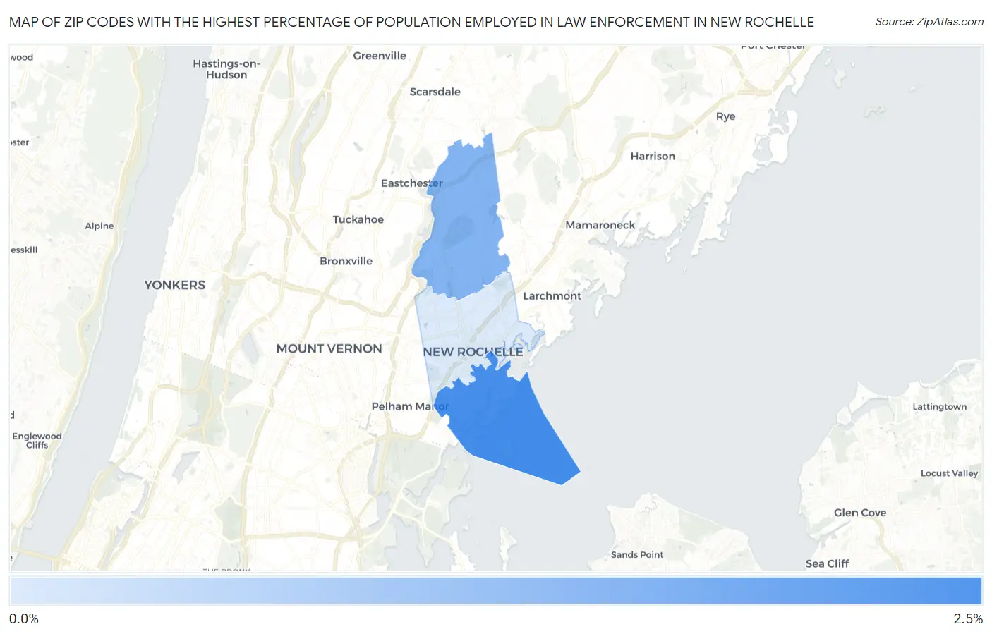 Zip Codes with the Highest Percentage of Population Employed in Law Enforcement in New Rochelle Map