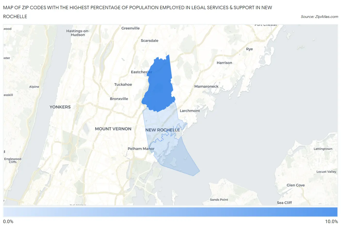 Zip Codes with the Highest Percentage of Population Employed in Legal Services & Support in New Rochelle Map