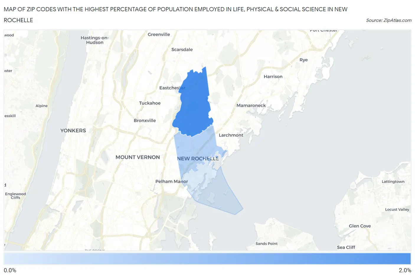 Zip Codes with the Highest Percentage of Population Employed in Life, Physical & Social Science in New Rochelle Map