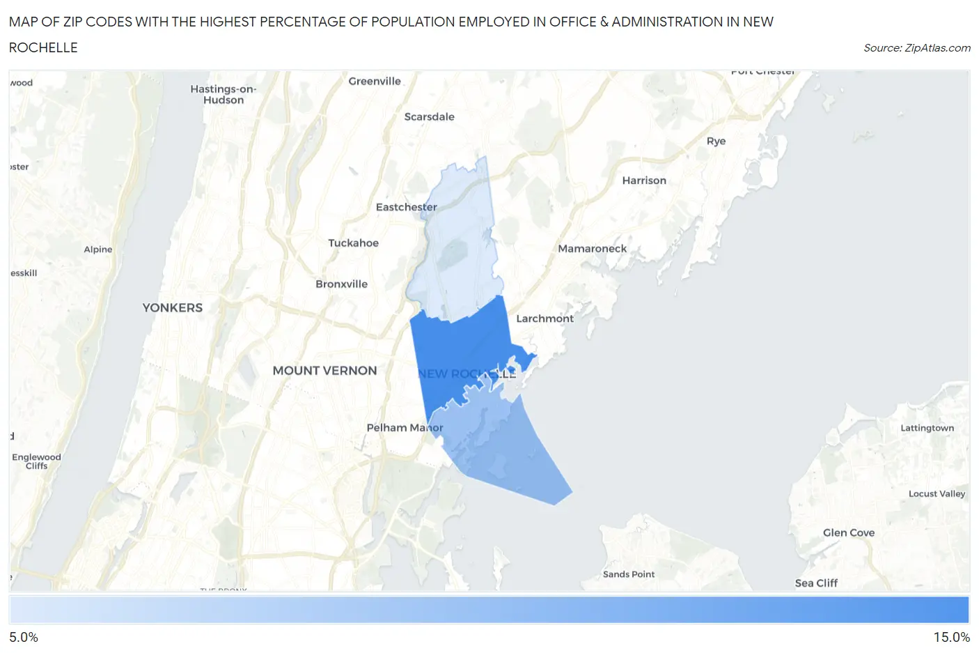 Zip Codes with the Highest Percentage of Population Employed in Office & Administration in New Rochelle Map