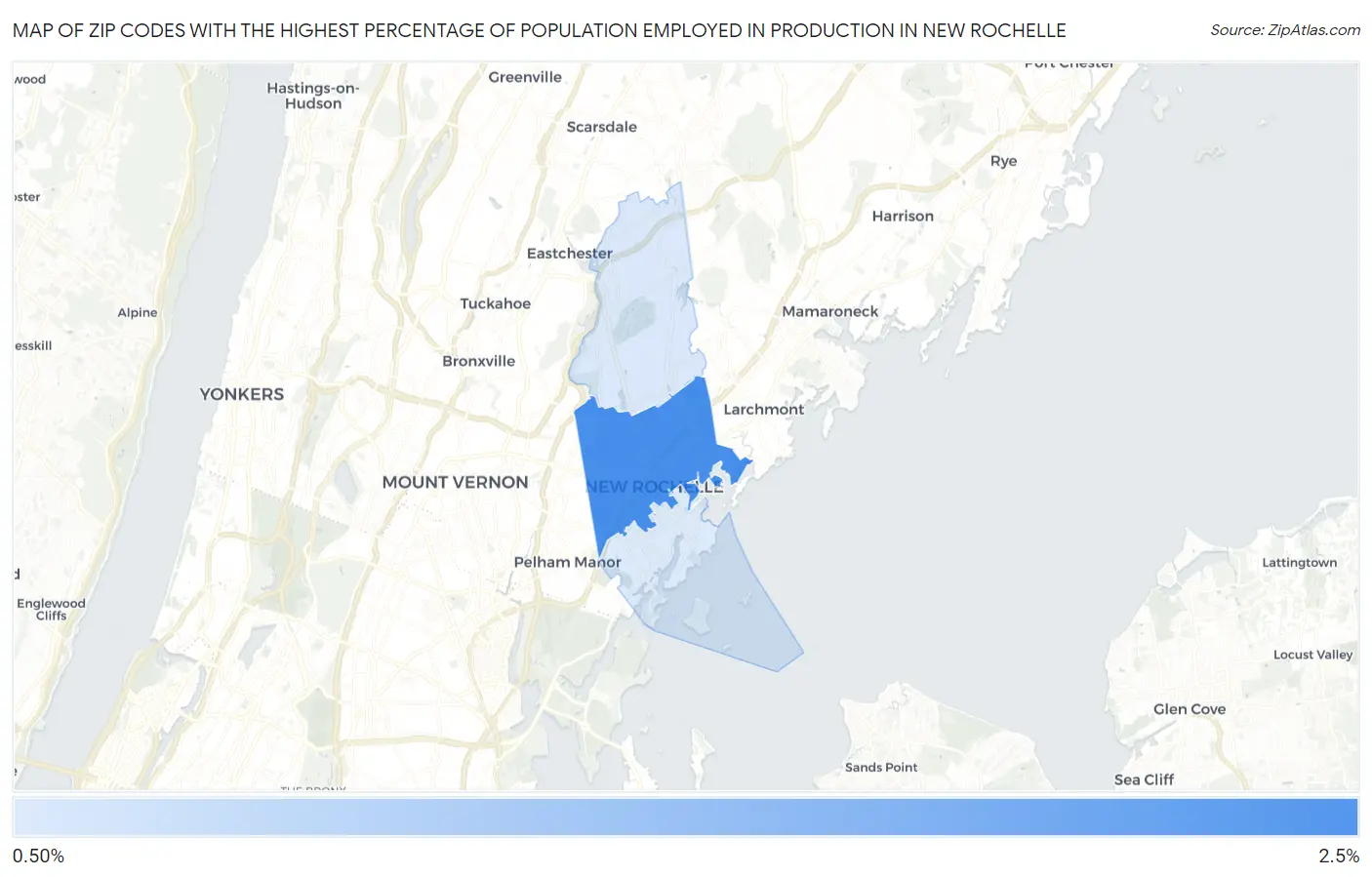 Zip Codes with the Highest Percentage of Population Employed in Production in New Rochelle Map