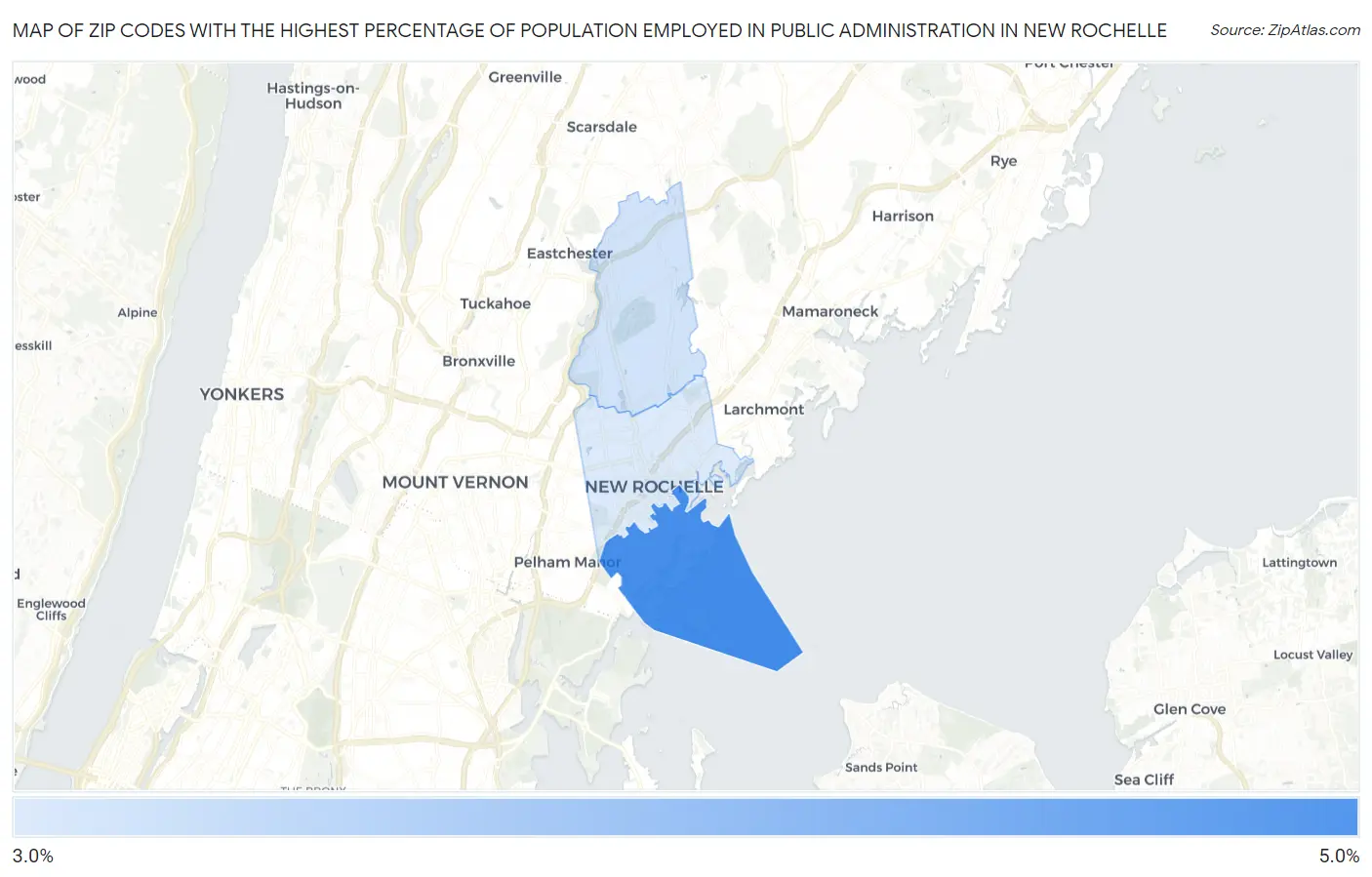 Zip Codes with the Highest Percentage of Population Employed in Public Administration in New Rochelle Map
